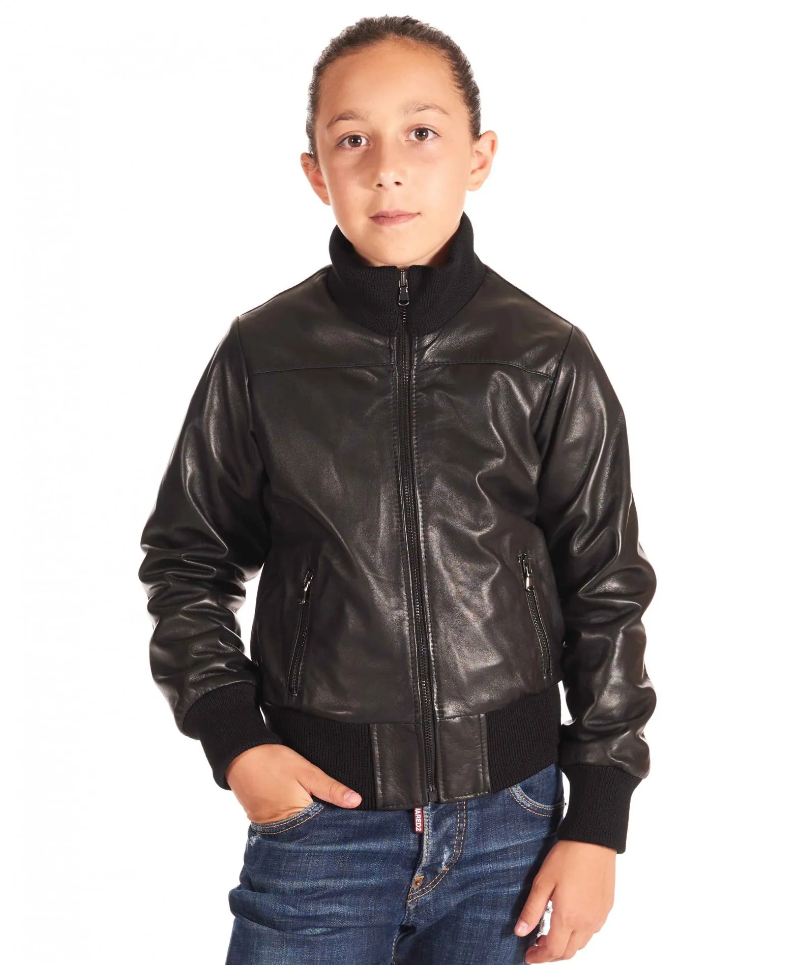 Blouson cuir enfant bomber cuir plongé couleur noir Bomber