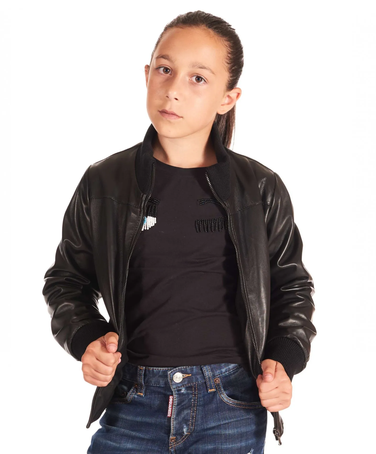 Blouson cuir enfant bomber cuir plongé couleur noir Bomber