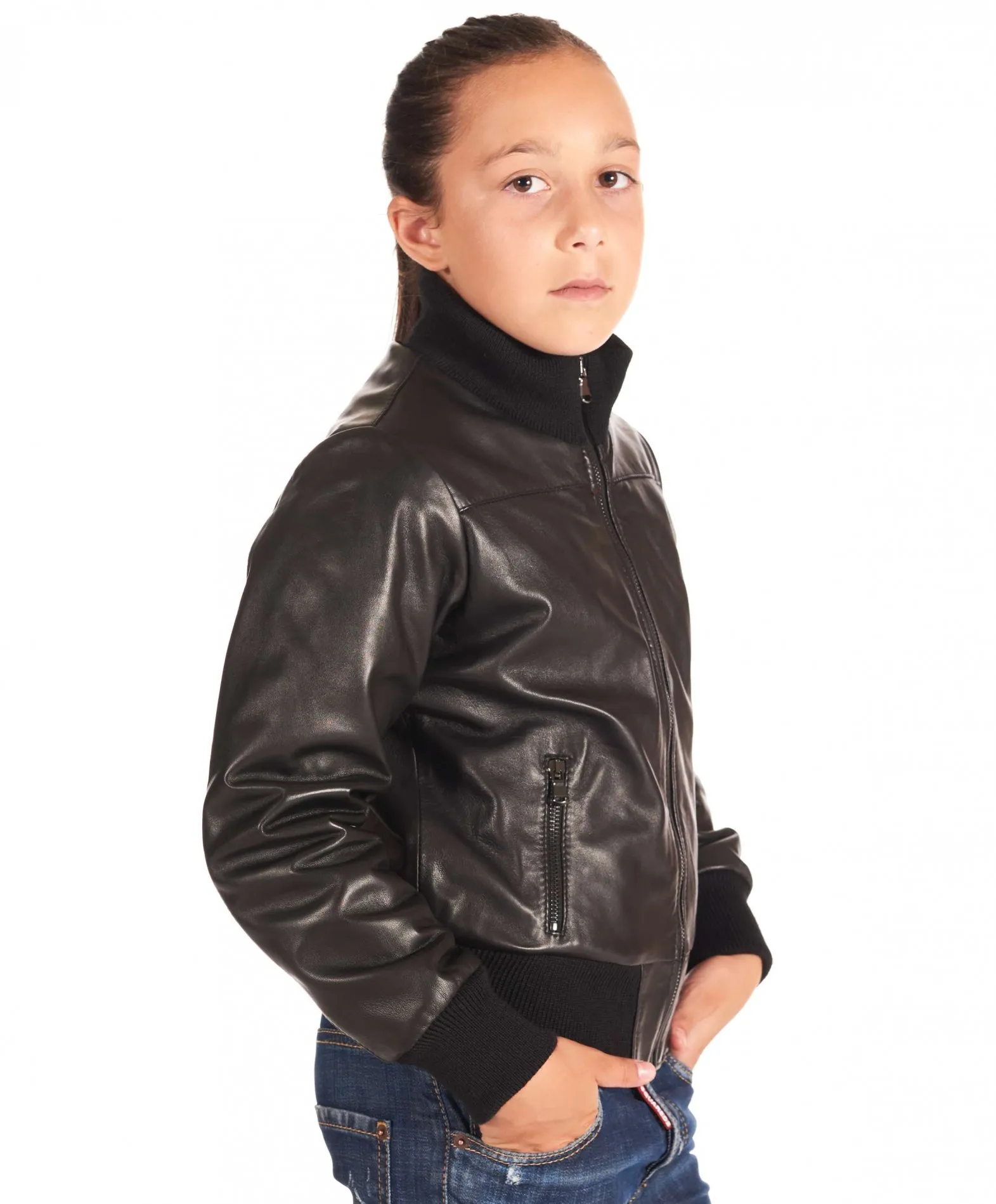 Blouson cuir enfant bomber cuir plongé couleur noir Bomber