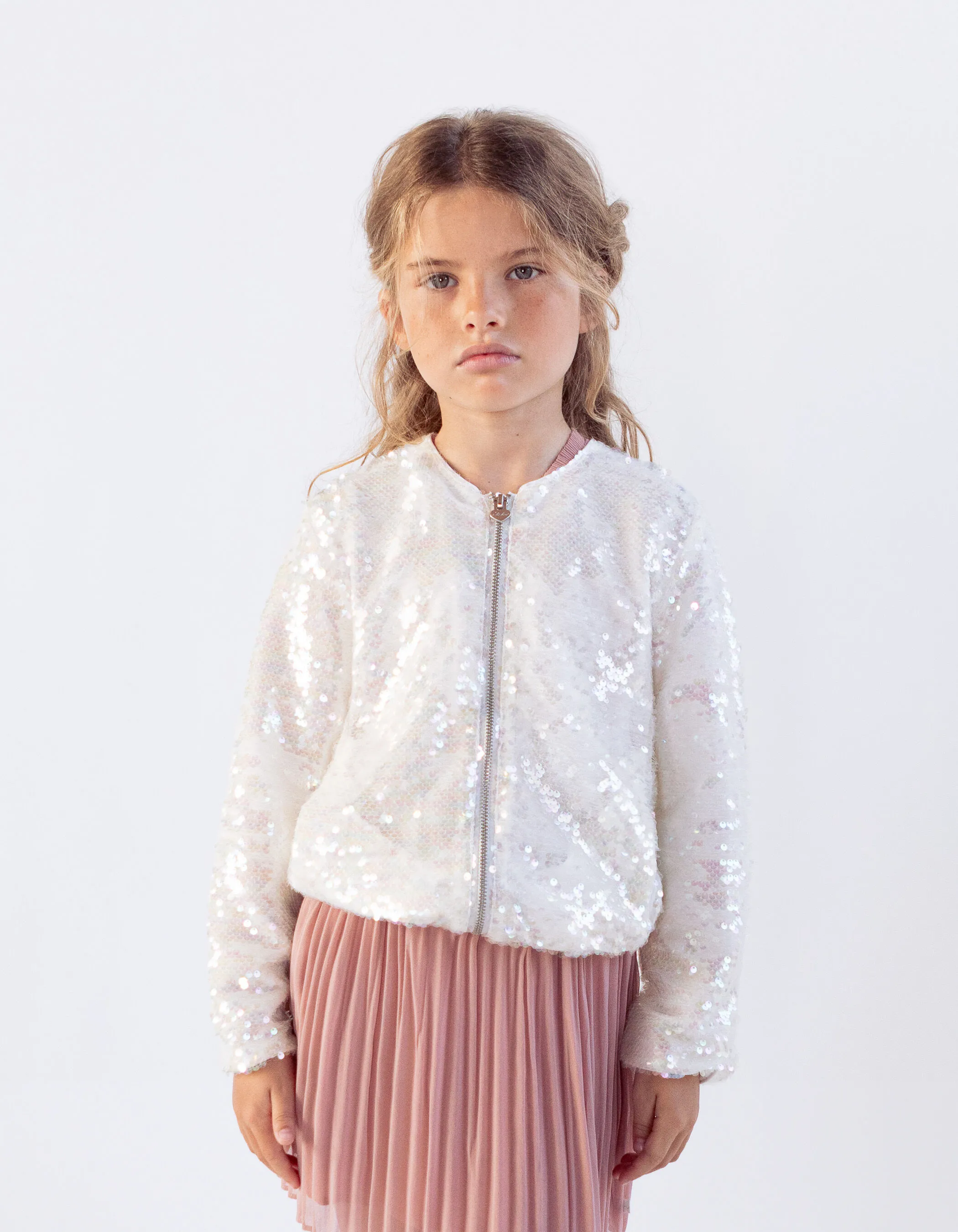 Bomber écru brodé sequins iridescents fille