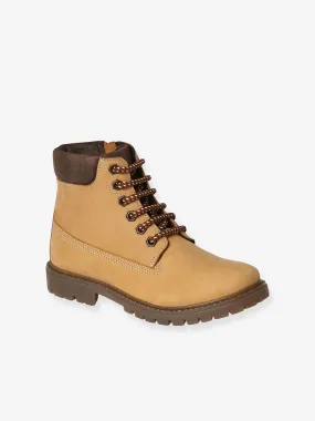 Boots crantées lacées et zippées cuir junior camel - Vertbaudet