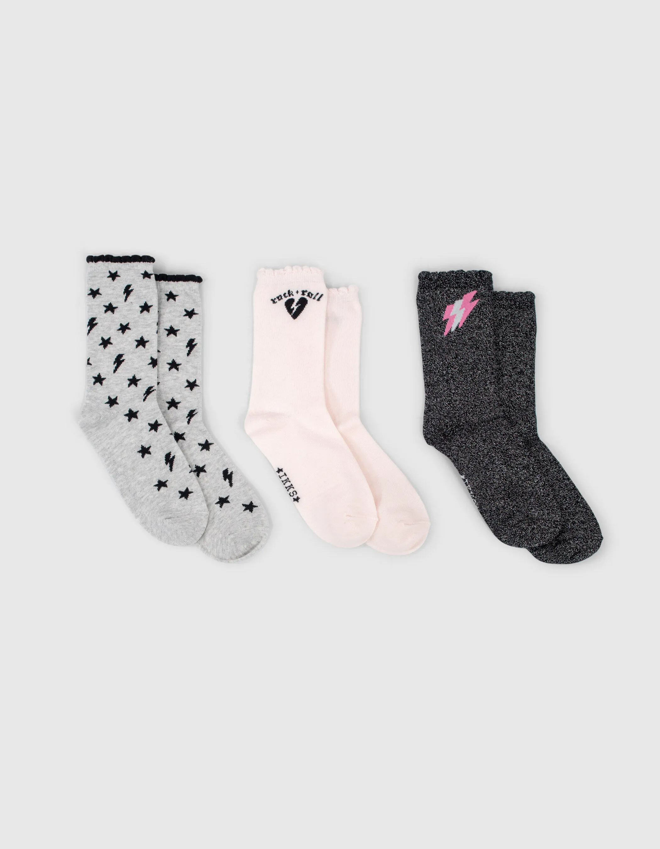 Chaussettes gris chiné et rose motifs rock fille