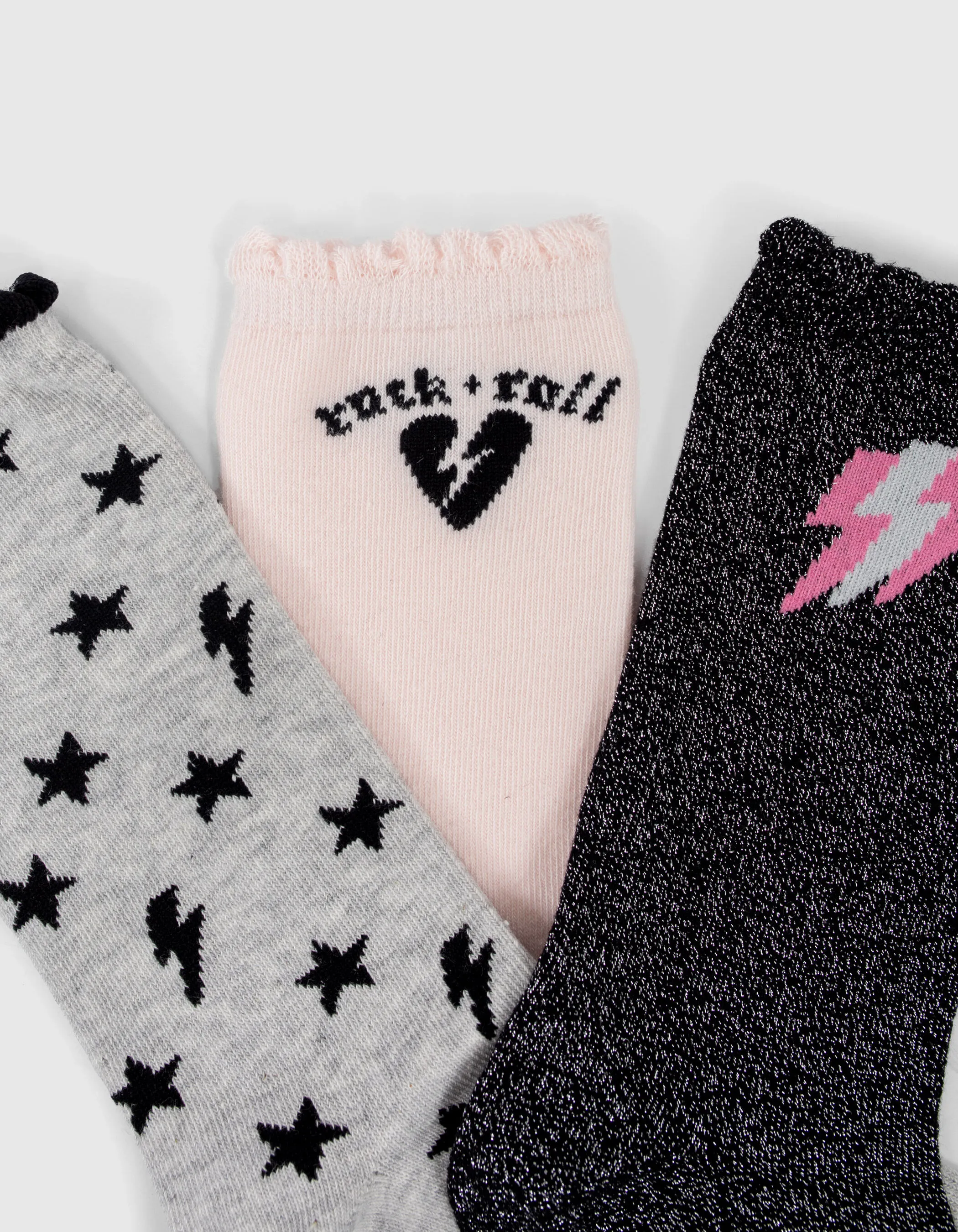 Chaussettes gris chiné et rose motifs rock fille