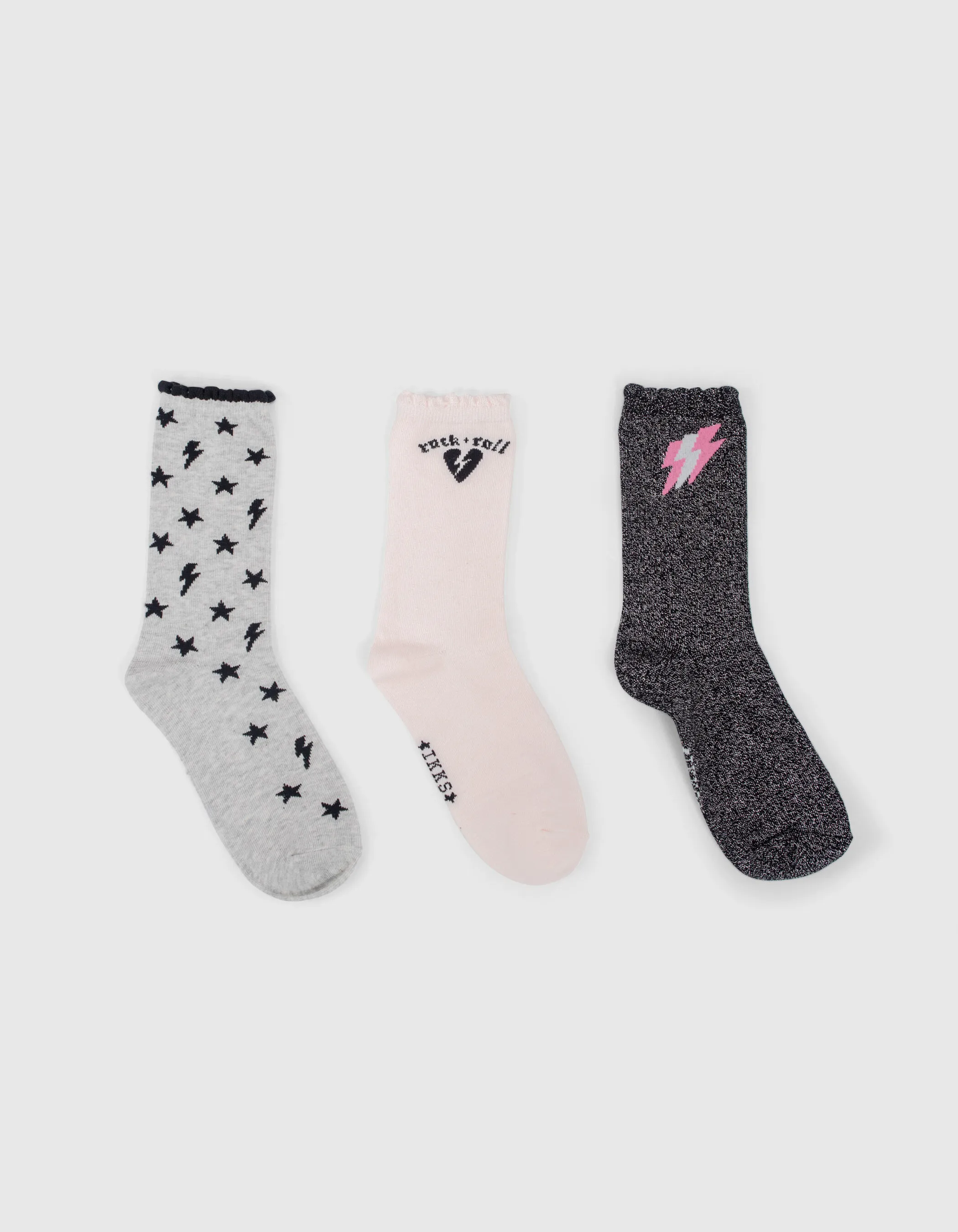 Chaussettes gris chiné et rose motifs rock fille