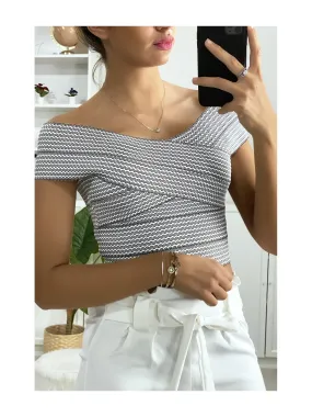 Crop top noir col bateau croisé au buste