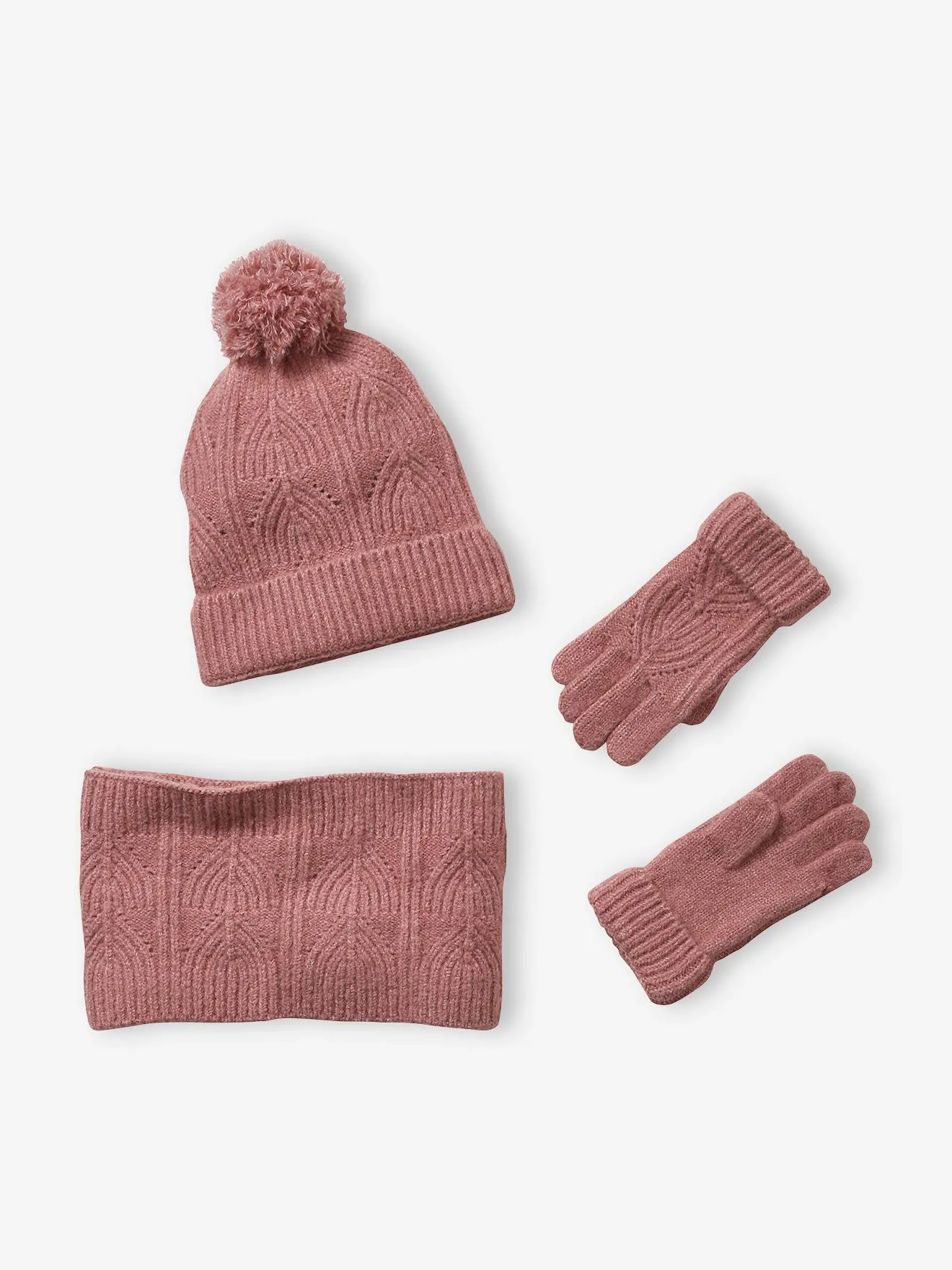 Ensemble bonnet + snood + moufles en maille torsadée mousseuse rose - Vertbaudet