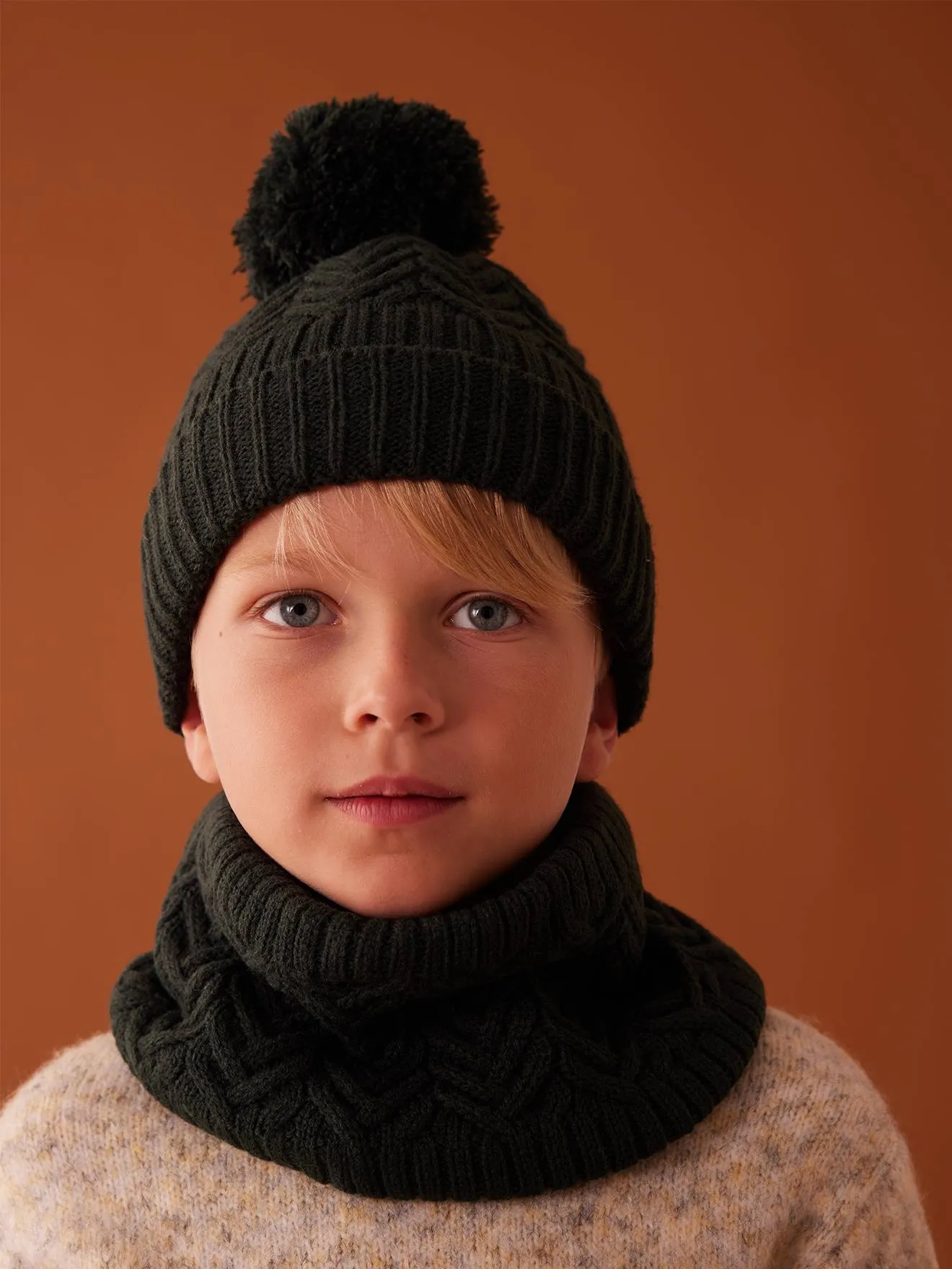 Ensemble bonnet + snood + moufles/mitaines en maille torsadée garçon vert sapin - Vertbaudet