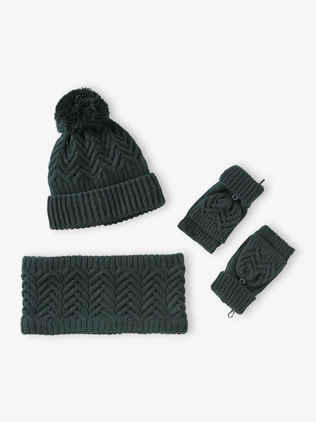 Ensemble bonnet + snood + moufles/mitaines en maille torsadée garçon vert sapin - Vertbaudet