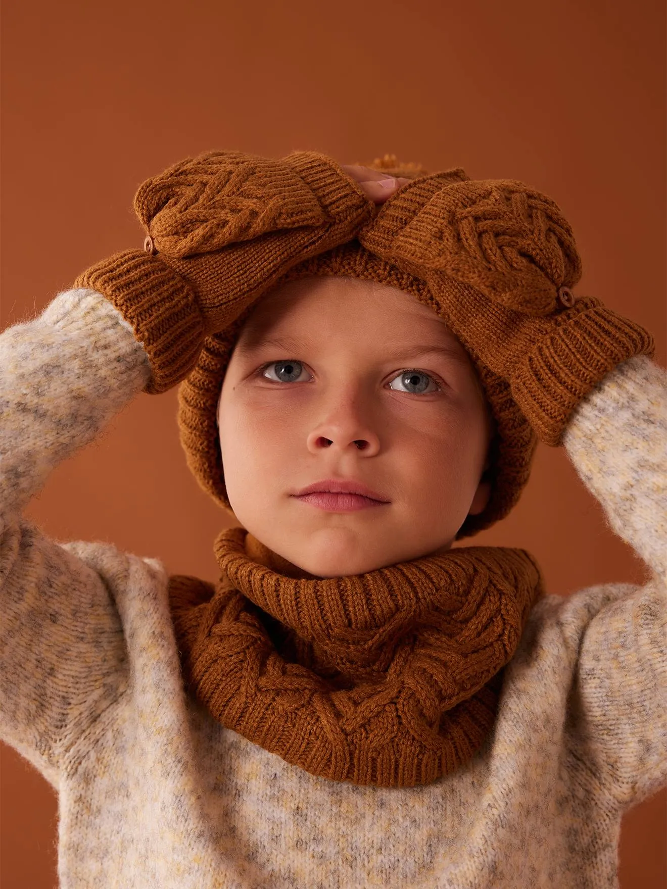 Ensemble bonnet + snood + moufles/mitaines en maille torsadée garçon vert sapin - Vertbaudet