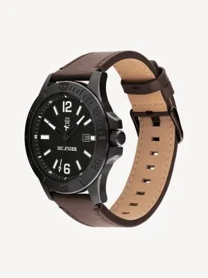 Montre bracelet en cuir marron et cadran noir | Noir | Tommy Hilfiger