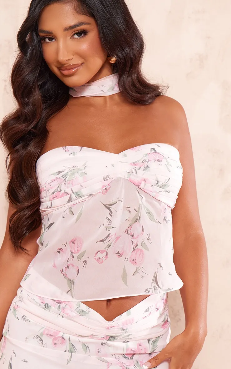 Petite Top bustier en mesh rose tendre imprimé