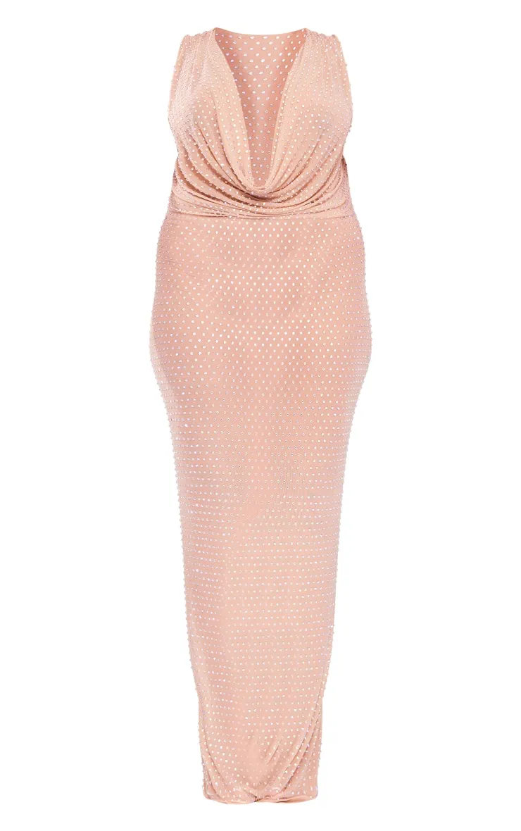 Plus Robe longue en mesh deluxe nude à strass