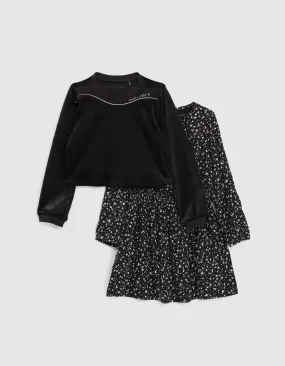 Robe 2 en 1 noire imprimé rock et sweat velours fille