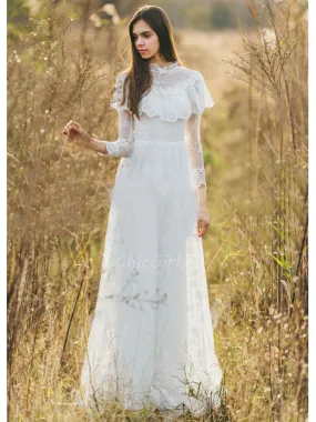 Robe De Mariée Bohème Chic Dentelle Manche Longue Col Montant Volant Epaule