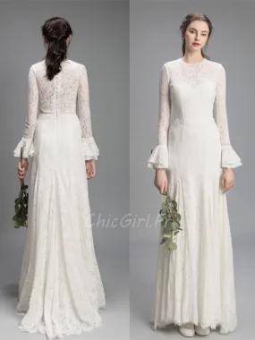 Robe De Mariée Hippie Civile Manche Longue Ivoire Dentelle Col Montant