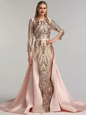 Robe De Soirée Brillante Rose Gold Manche Longue Col Montant Avec Traine Amovible