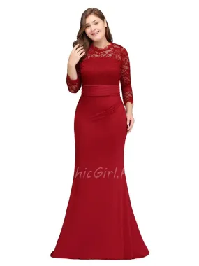 Robe De Soirée Grande Taille Sirène Manche Longue Col Montant Dentelle Jersey Rouge