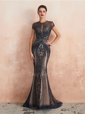 Robe De Soirée Luxe Longue Noire Perle Col Montant Ouverte Devant