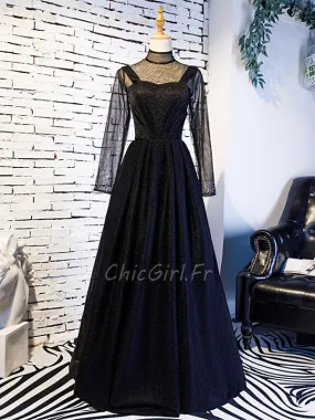 Robe De Soirée Manche Longue Noire Col Montant Tulle Strass