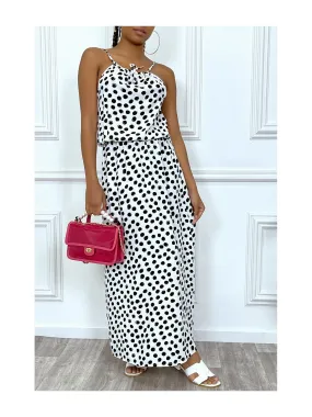 Robe longue blanche à petit pois noir col montant et elastique à la taille