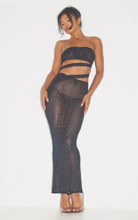 Robe longue bustier en mesh noir à strass et découpes