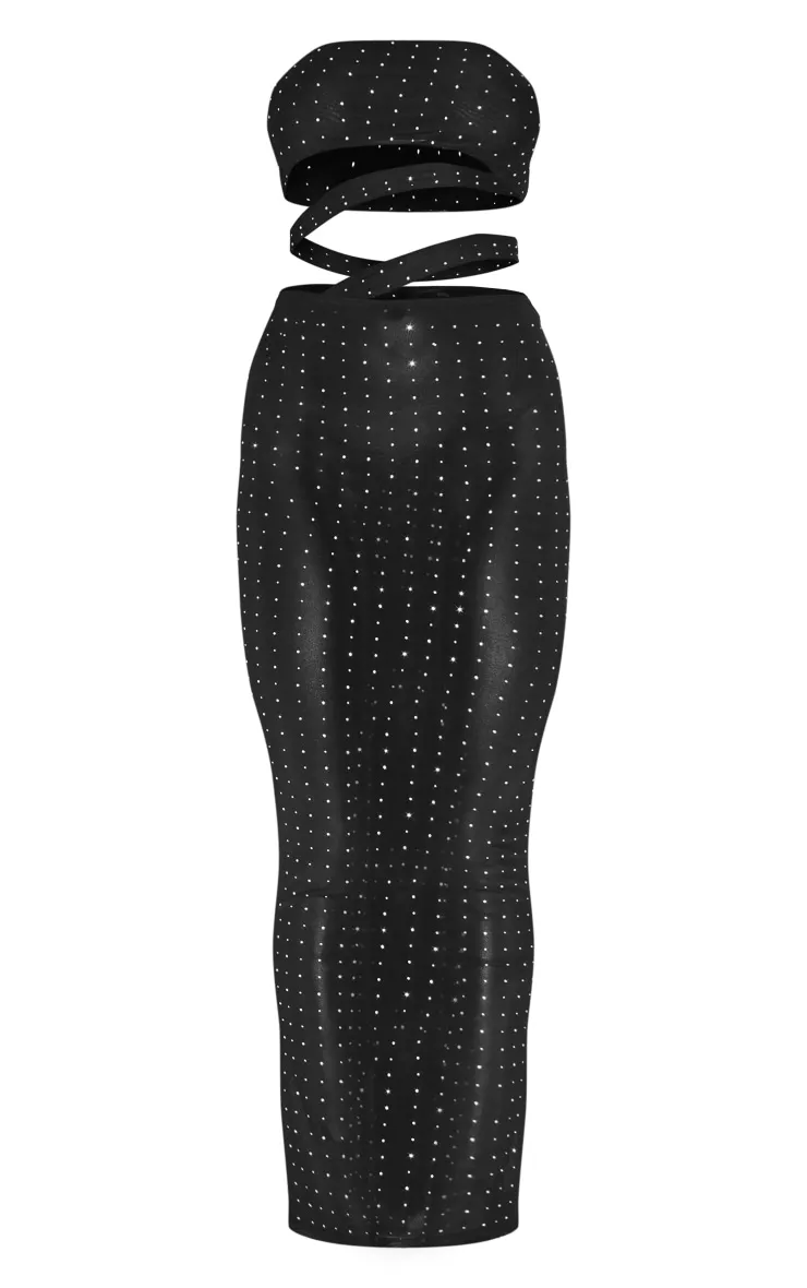 Robe longue bustier en mesh noir à strass et découpes