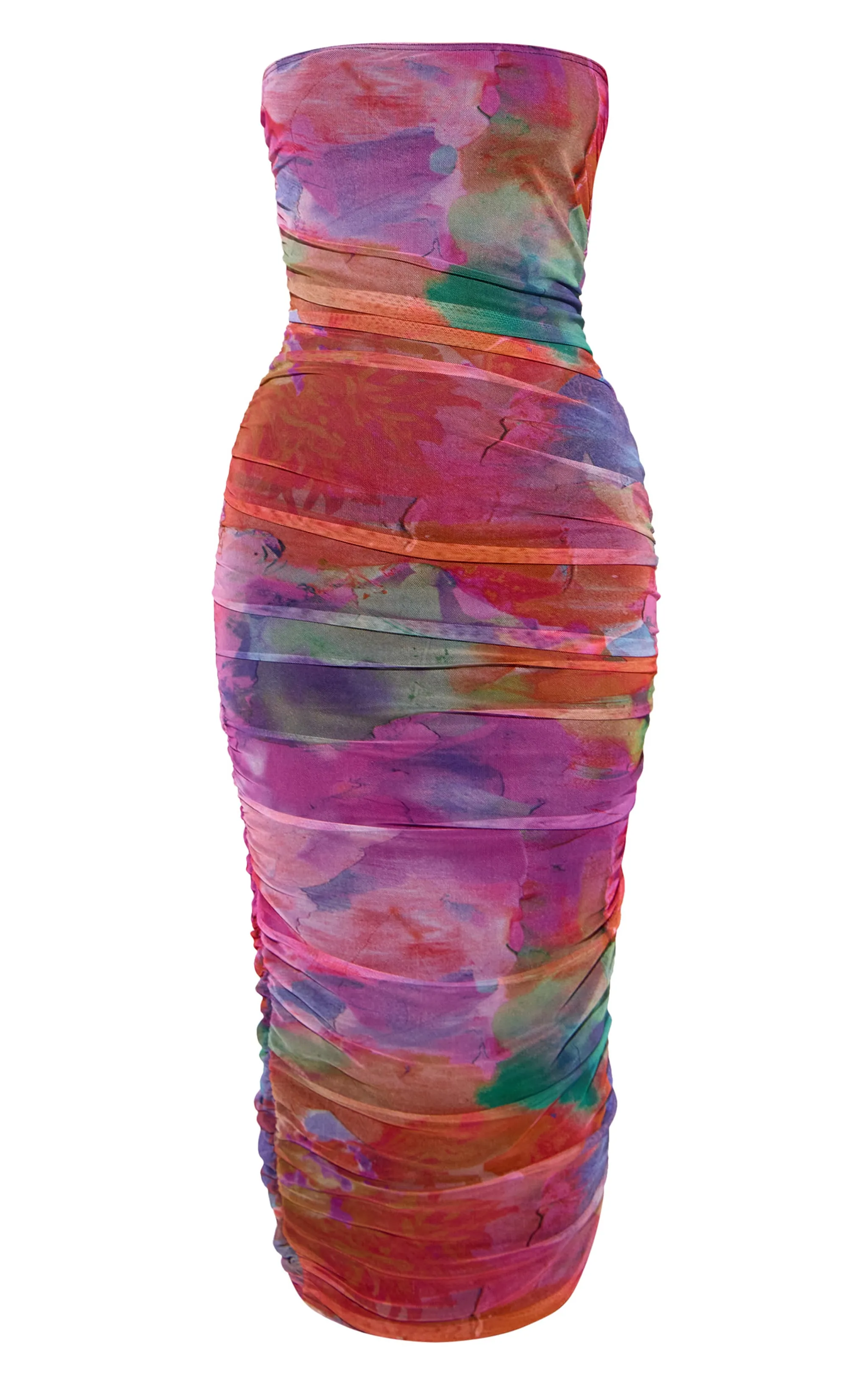 Robe longue en mesh imprimé multicolore à bustier froncé