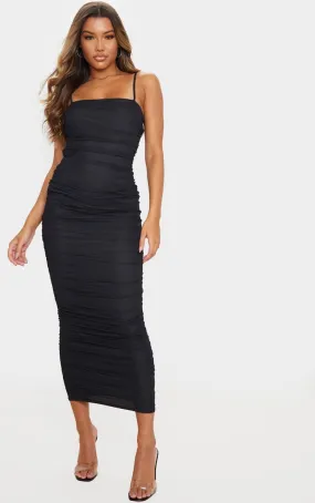 Robe longue noire froncée en mesh à bretelles 