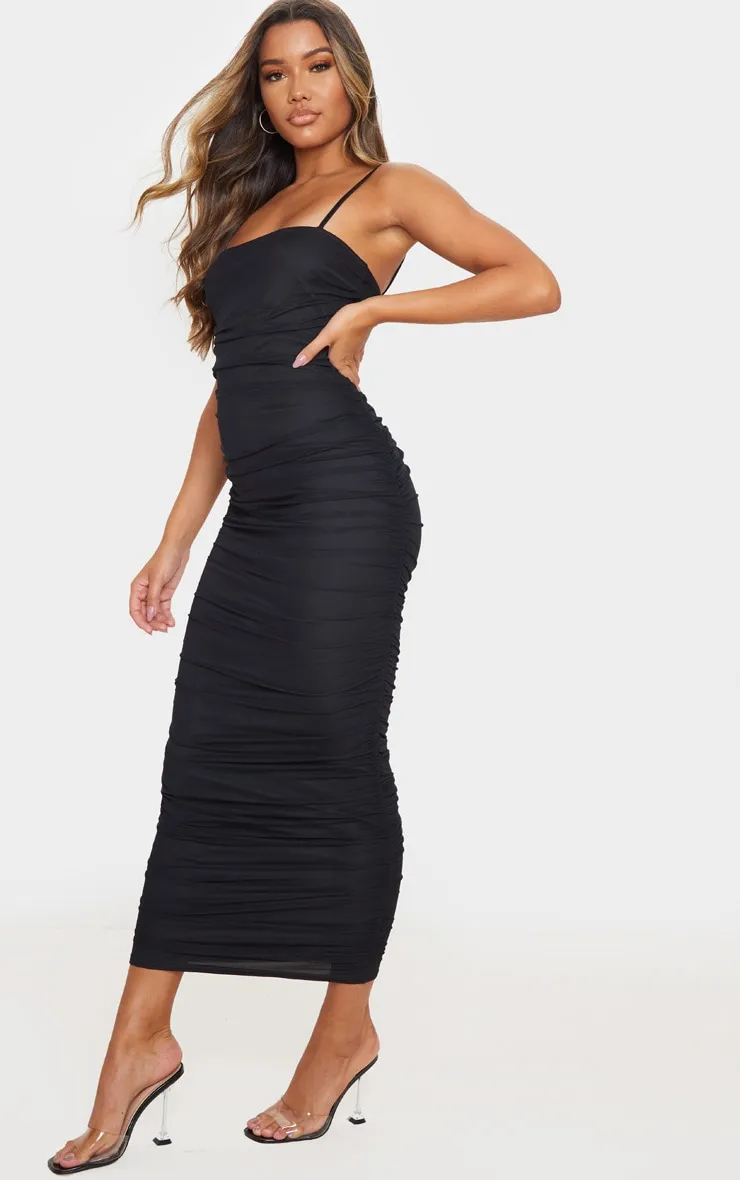 Robe longue noire froncée en mesh à bretelles 