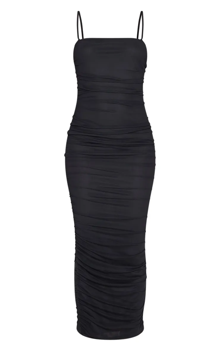 Robe longue noire froncée en mesh à bretelles 