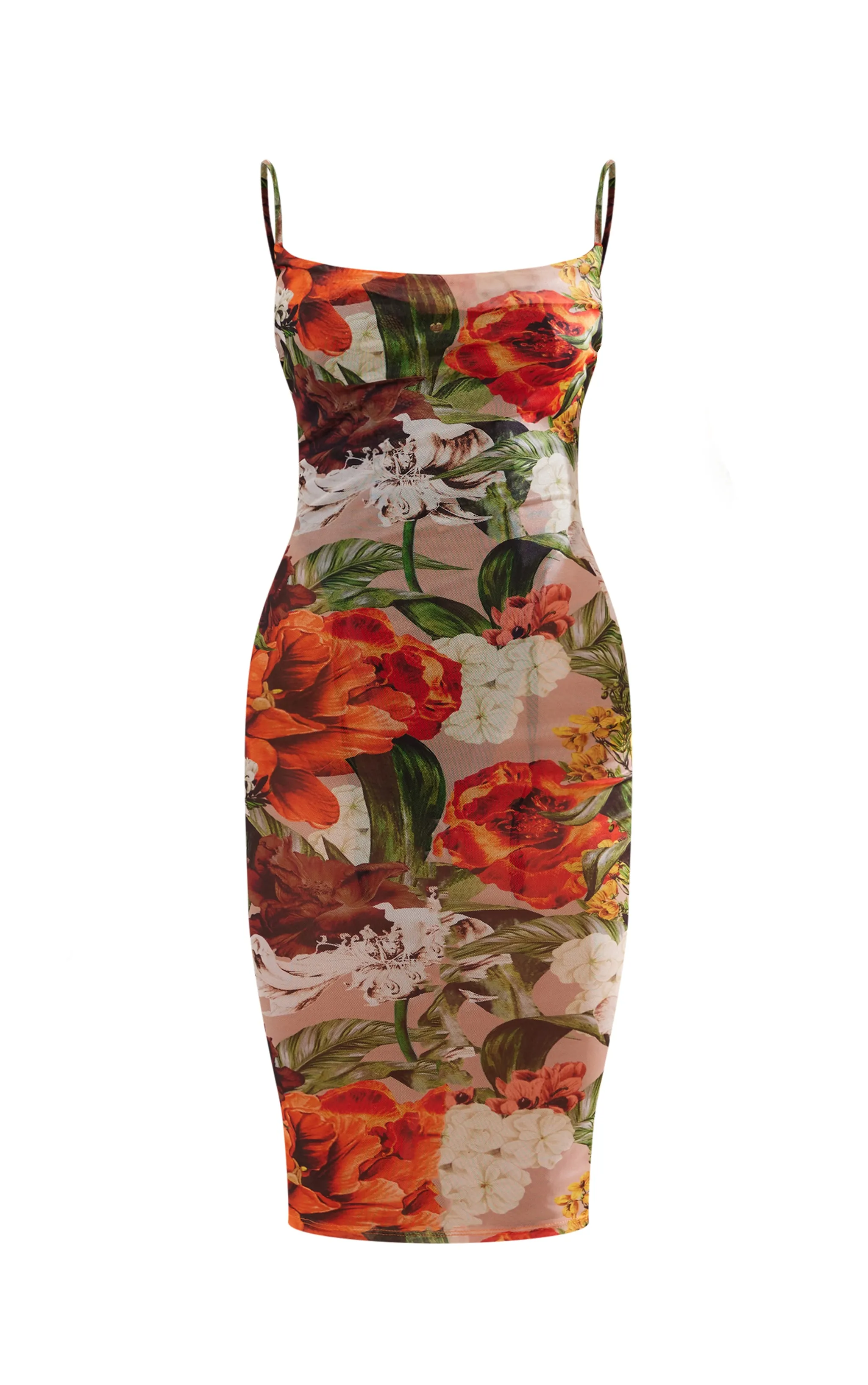 Robe mi-longue en mesh multicolore fleurie