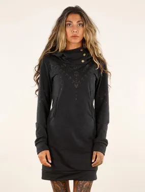 Robe sweat imprimée à col capuche Numendil Ornemental dots, Noir