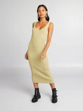 Robe tube midi en maille côtelée - Kaki