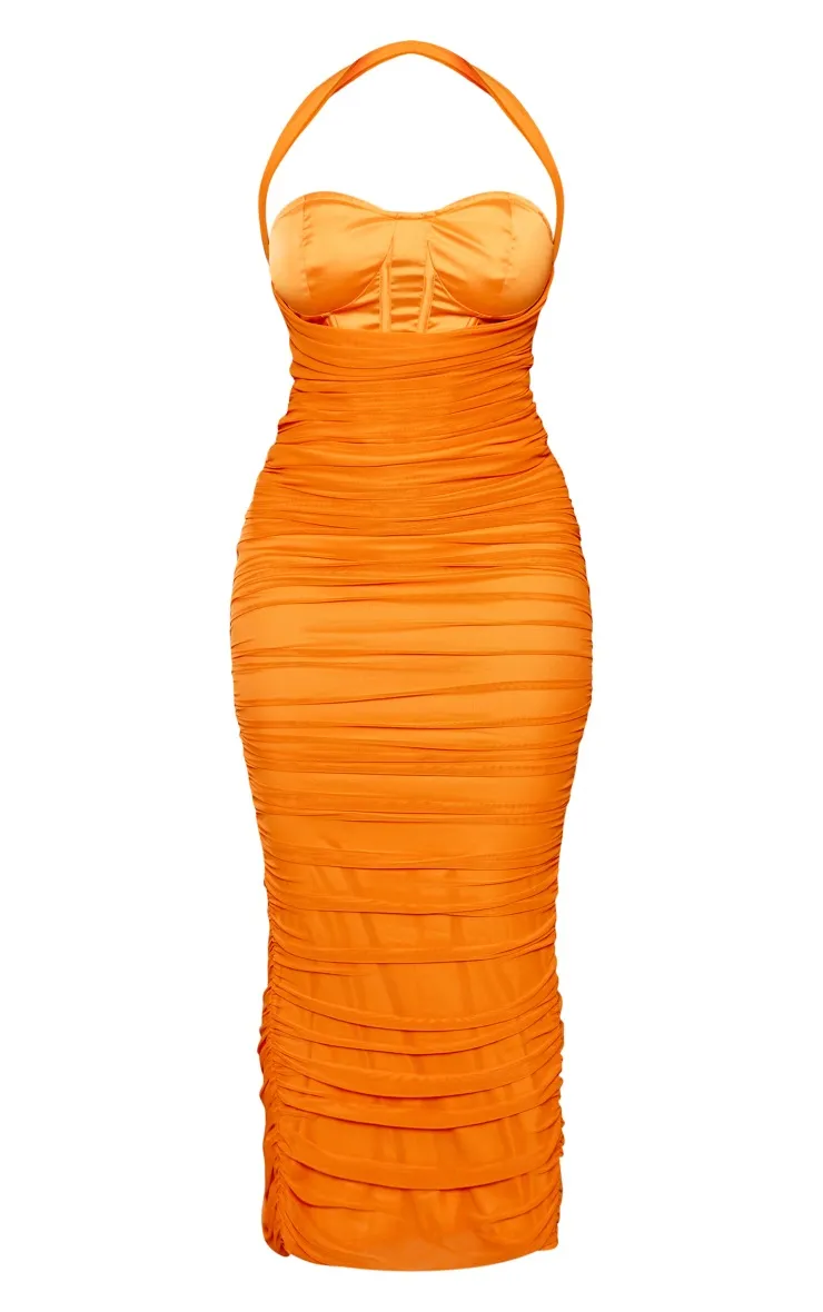 Shape Robe corset longue en mesh orange à fronces