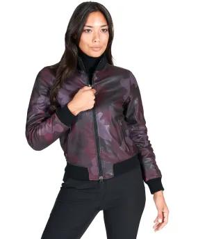 Veste bomber cuir femme bordeaux militaire cuir plongé aspect lisse G155