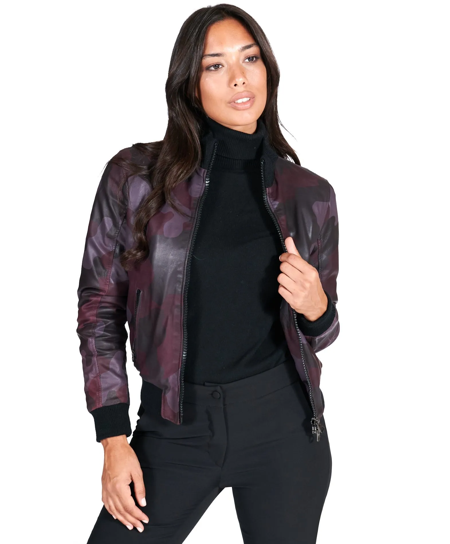 Veste bomber cuir femme bordeaux militaire cuir plongé aspect lisse G155