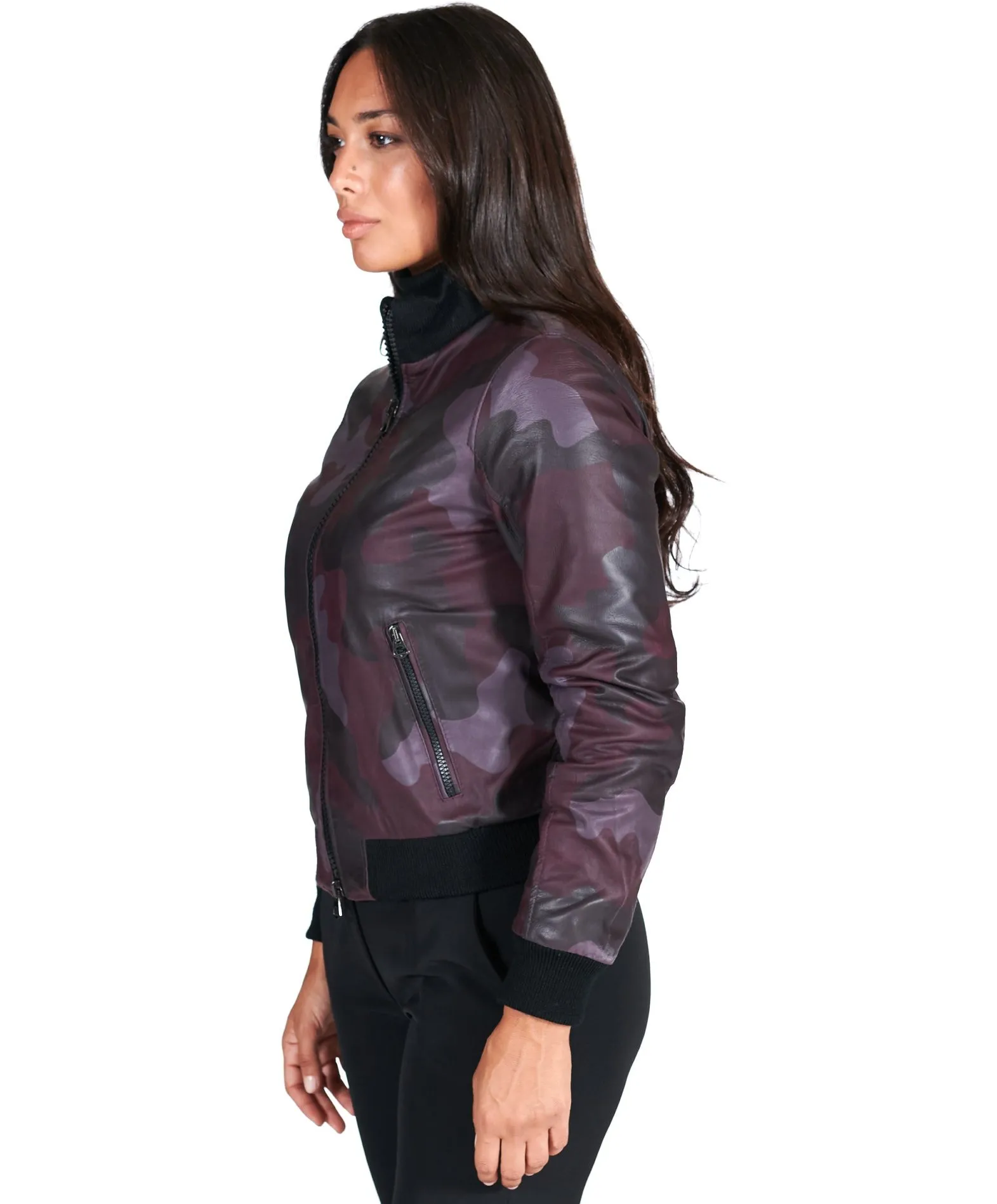 Veste bomber cuir femme bordeaux militaire cuir plongé aspect lisse G155