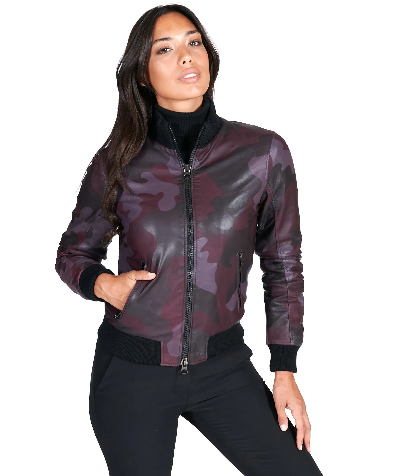 Veste bomber cuir femme bordeaux militaire cuir plongé aspect lisse G155